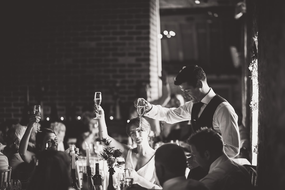 A bride and groom captured in wedding photos by a skilled wedding photographer during their reception toast.