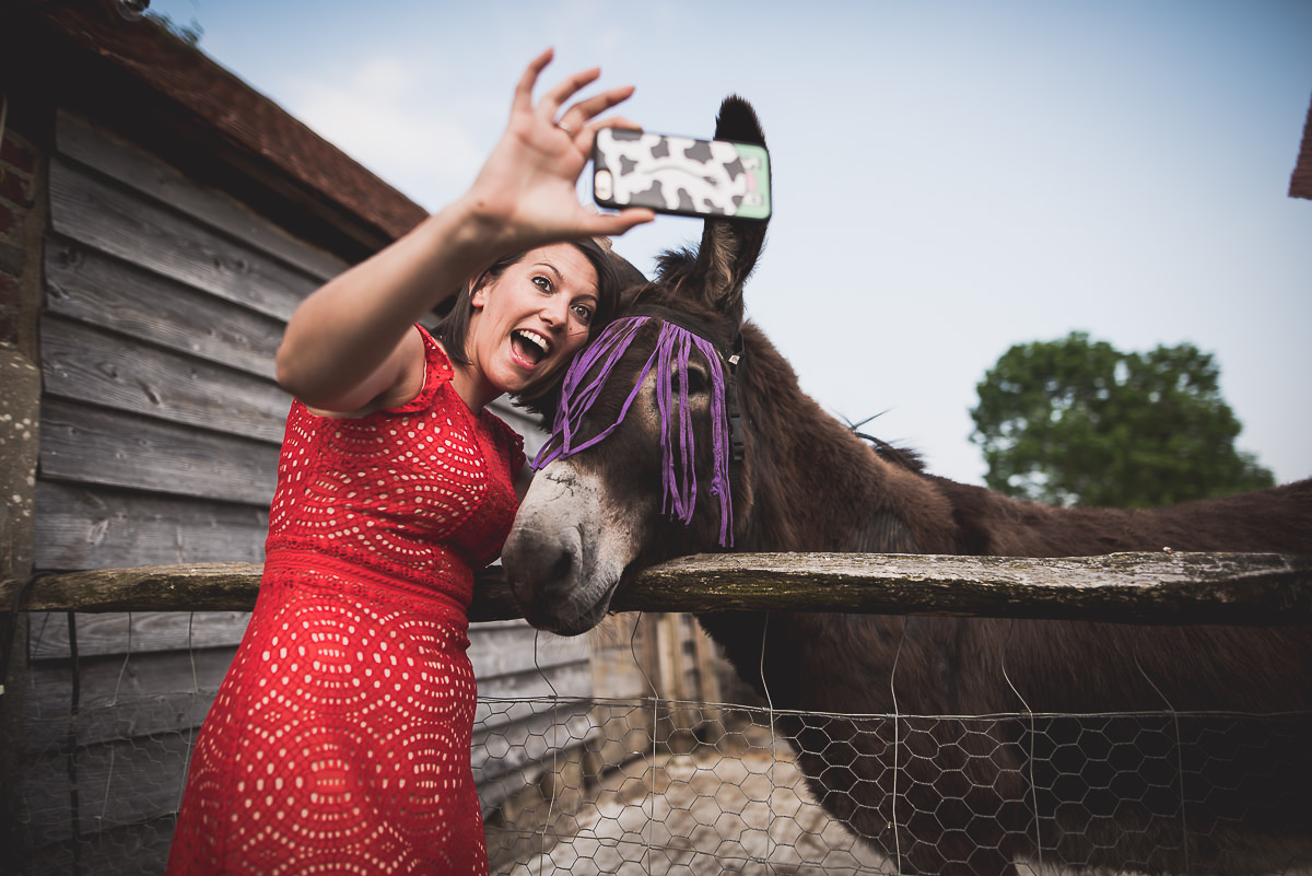 A bride taking a selfie with a donkey during her wedding.