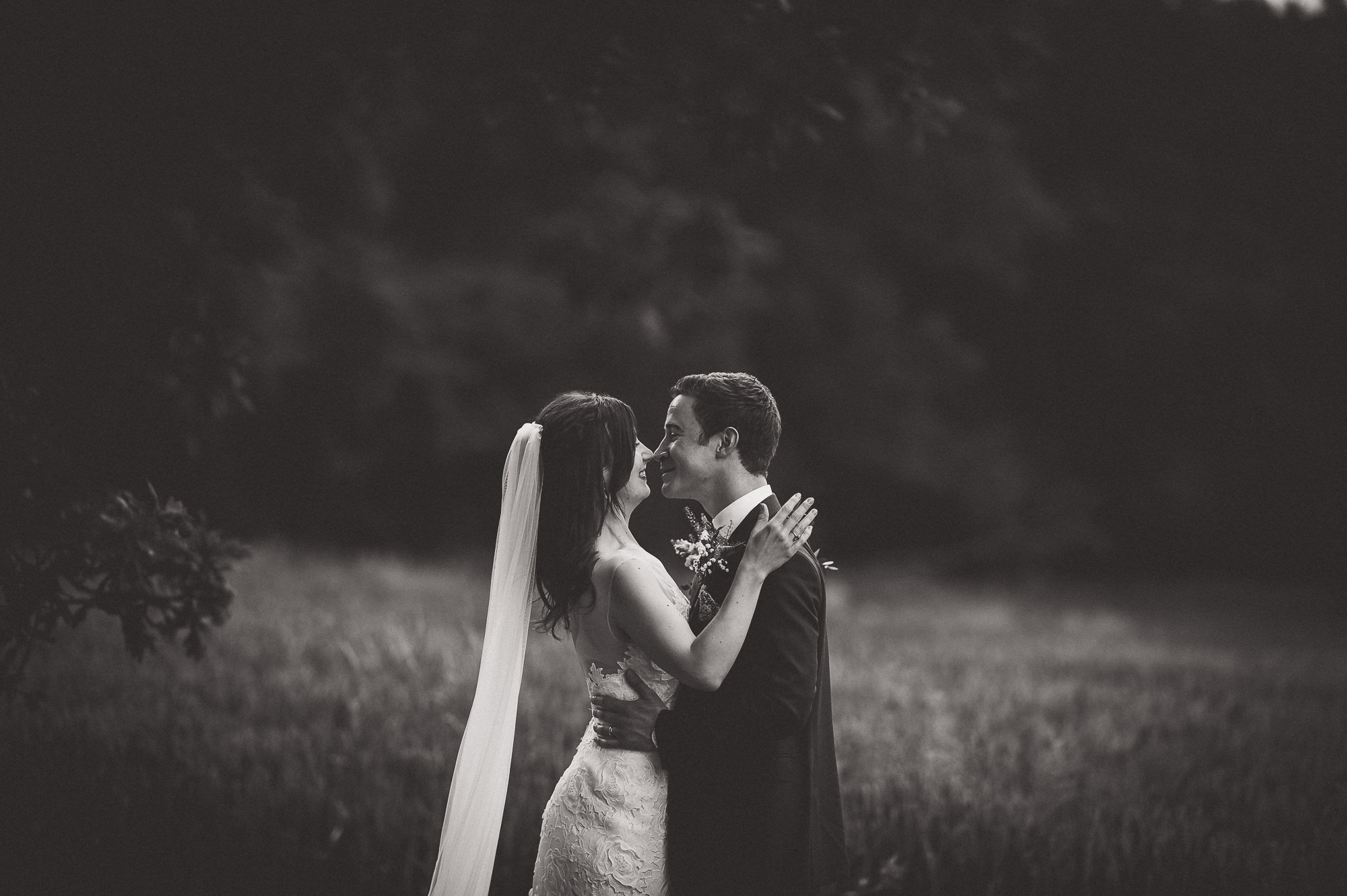 A wedding photo of a bride and groom kissing in a field.