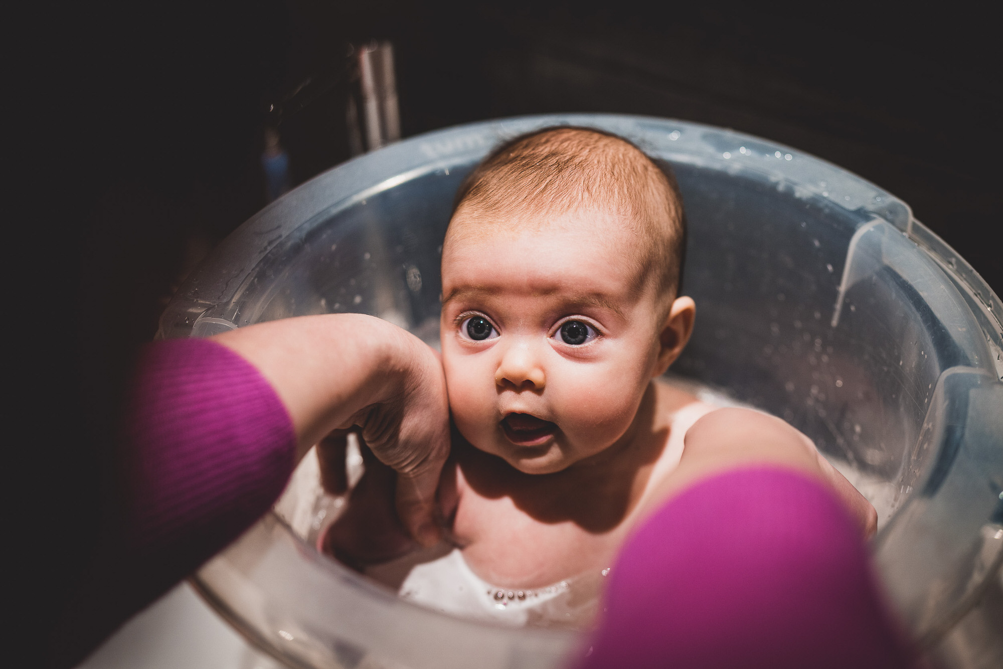 A baby is being groomed in a bowl of water.