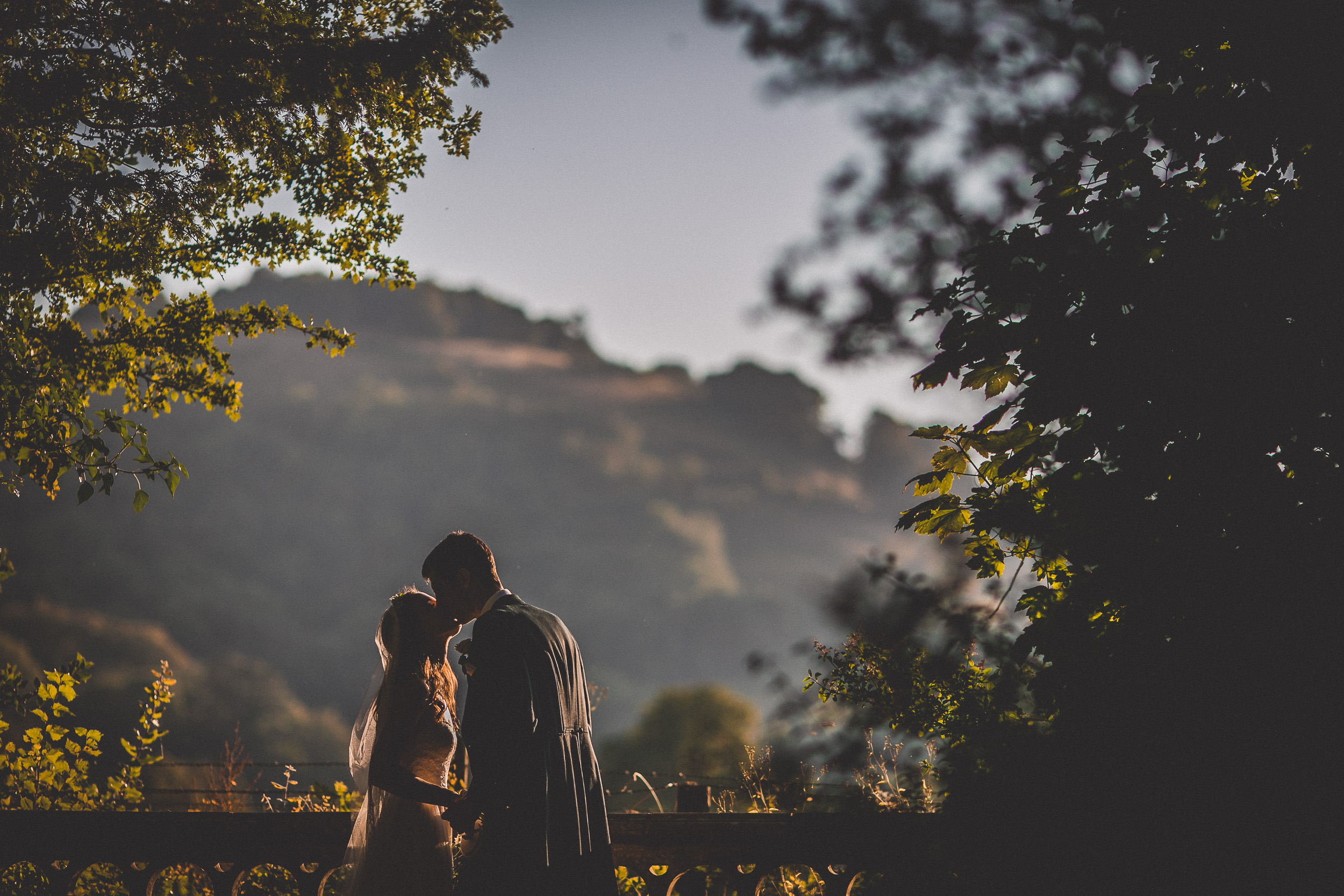 A bride and groom captured by a wedding photographer sharing a kiss with a scenic mountain backdrop.