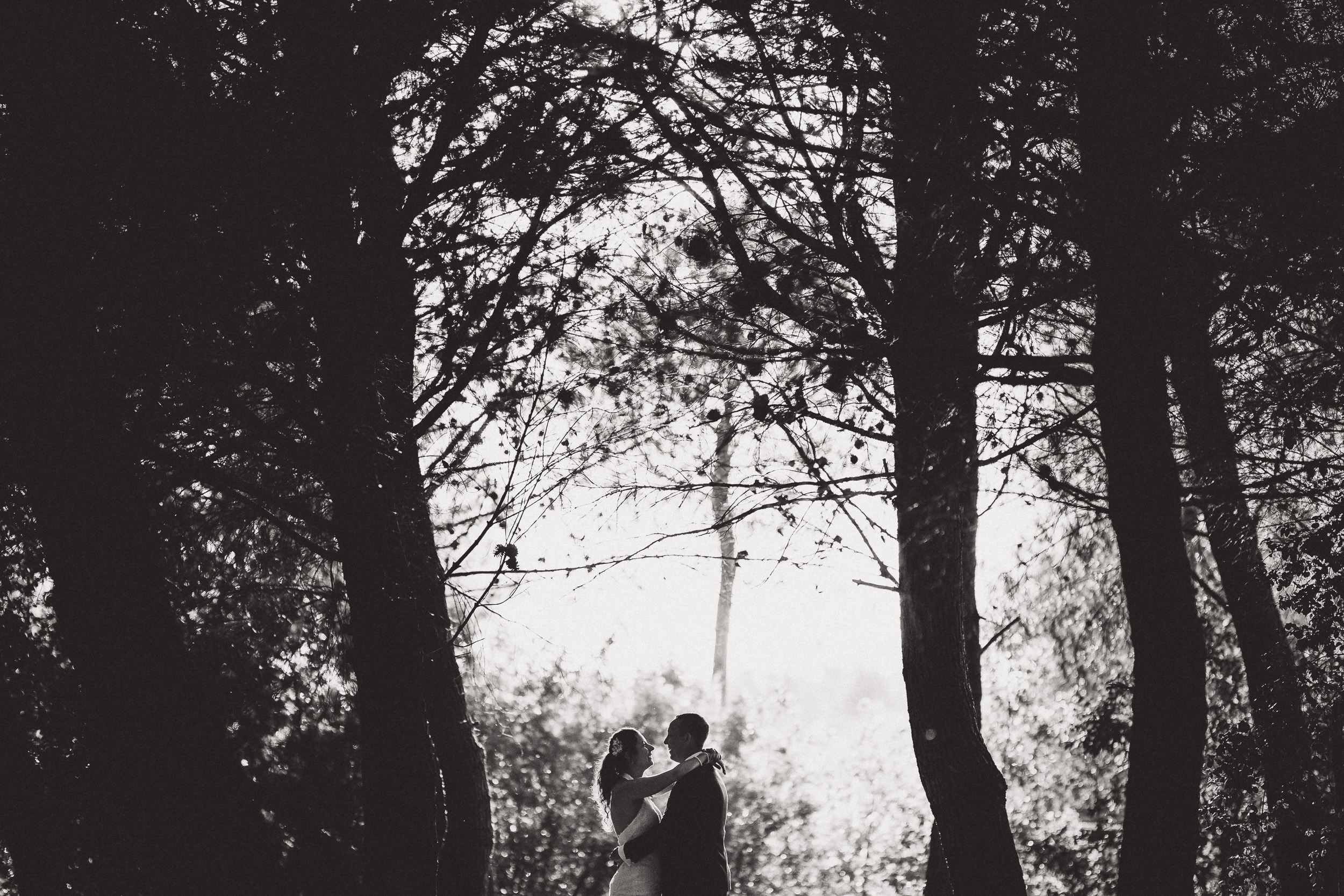 A black and white wedding photo capturing the bride and groom in a forest setting.