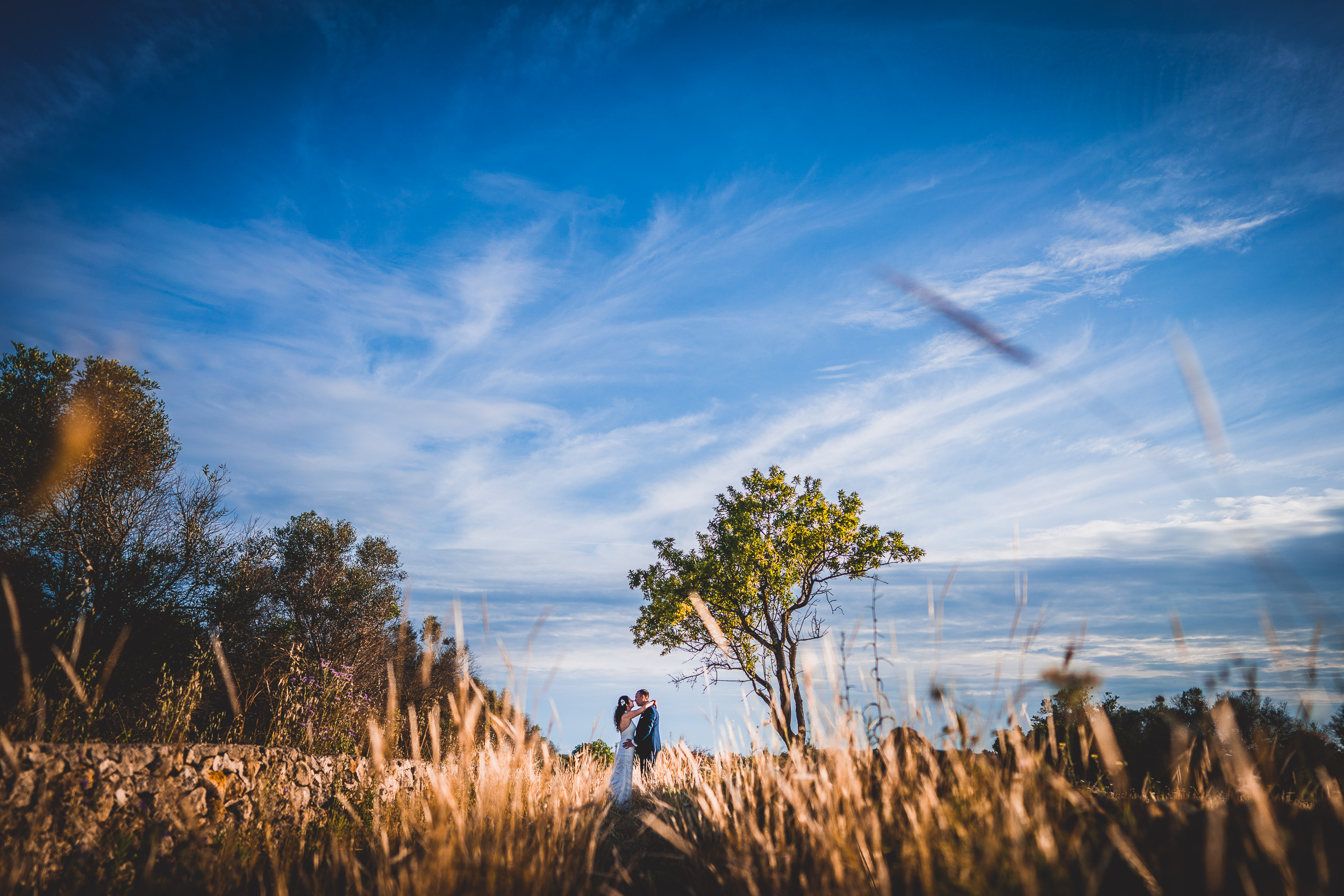 A bride and groom posing in tall grass as a wedding photographer captures the moment.