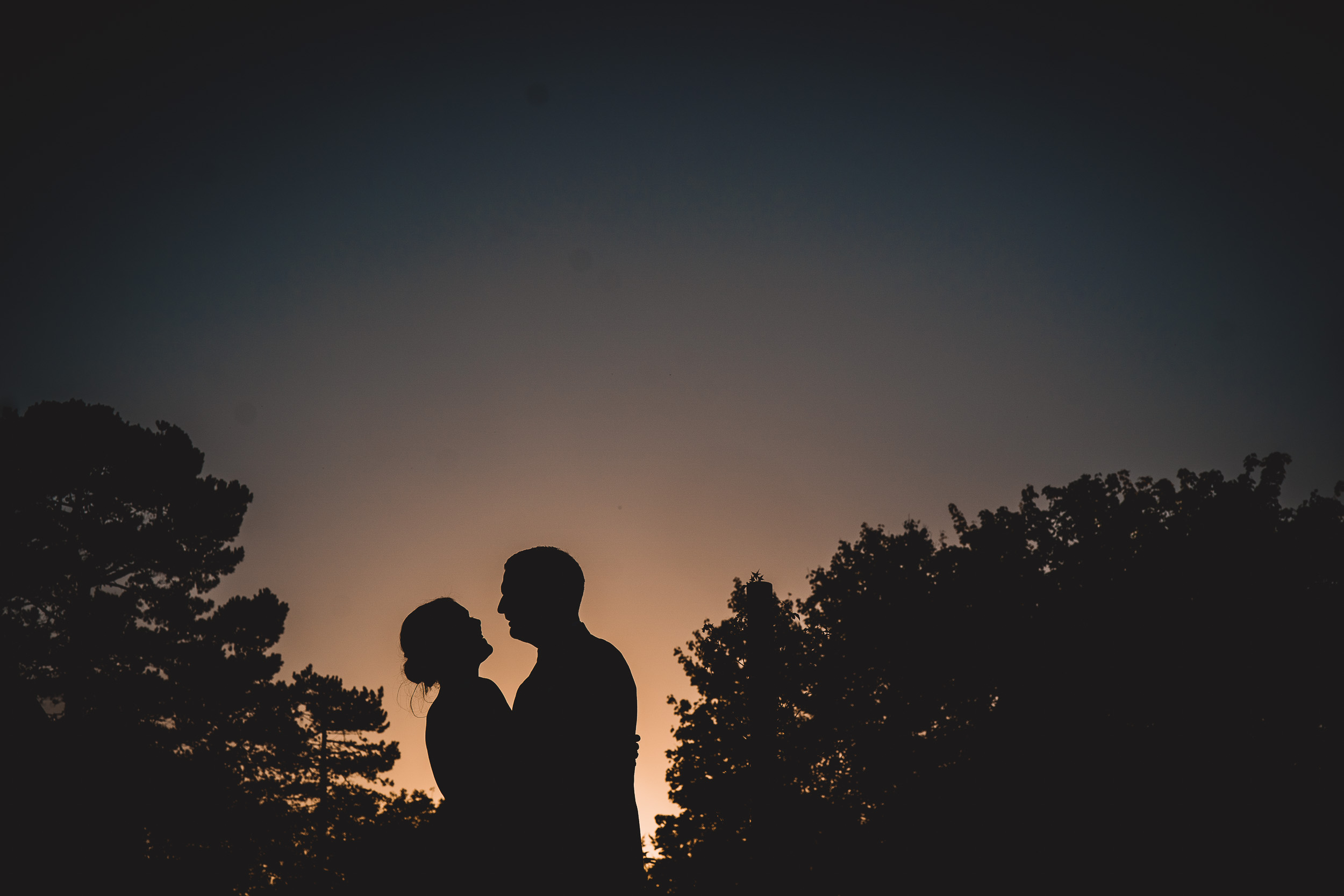 A silhouette of the bride and groom standing in front of trees at sunset.