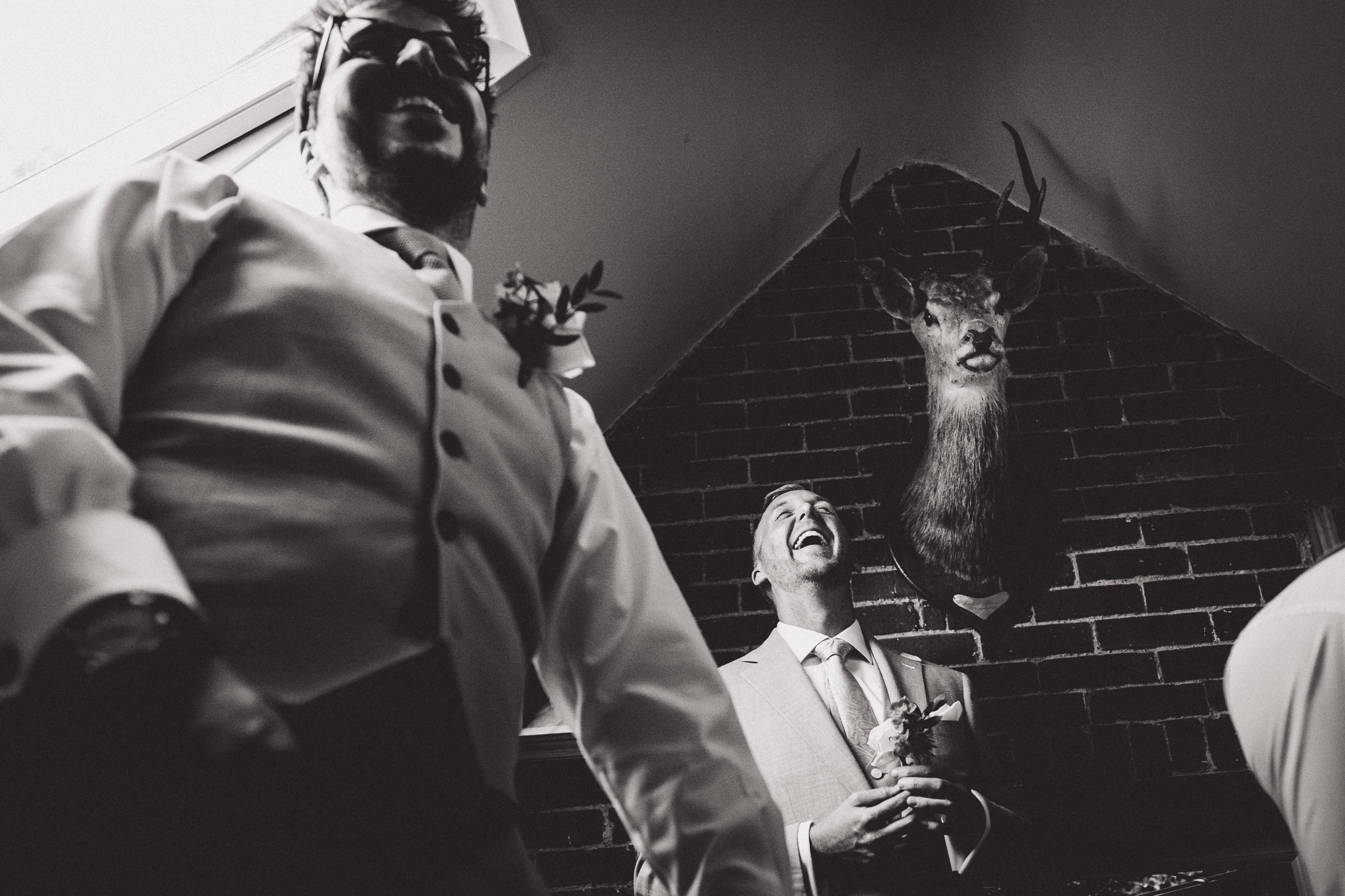 Wedding photographer captures bride and groomsmen laughing in front of a deer head.