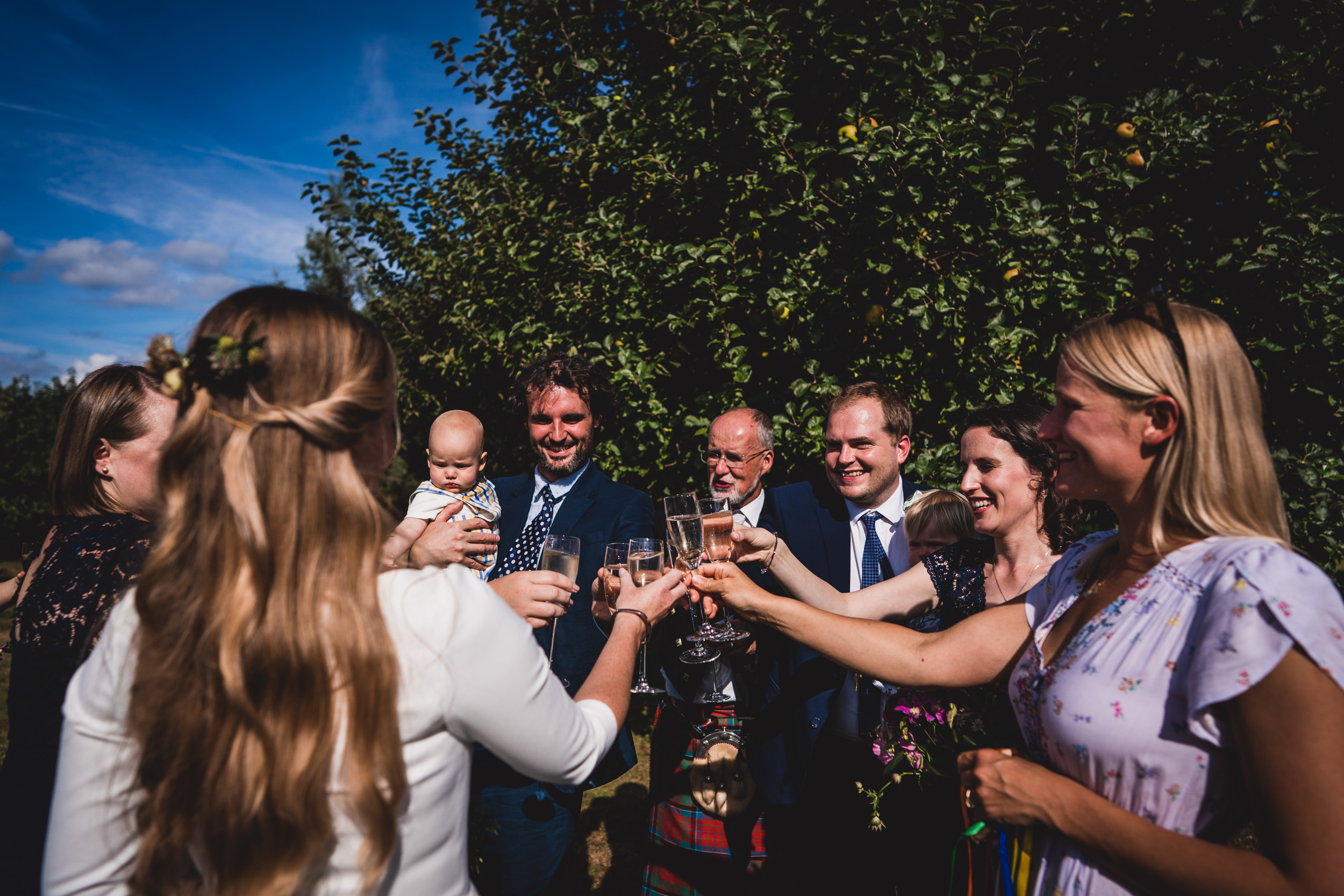 A wedding photo capturing the joyful toasting of a group.