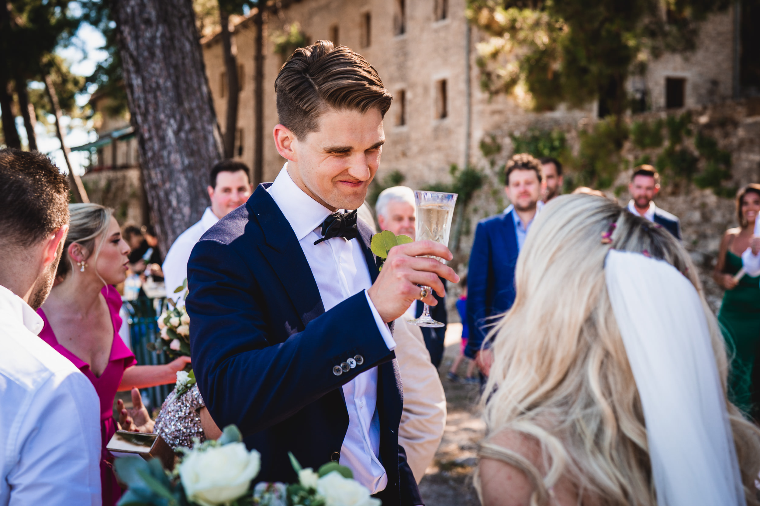 A groom raising a glass of wine in a wedding photo.