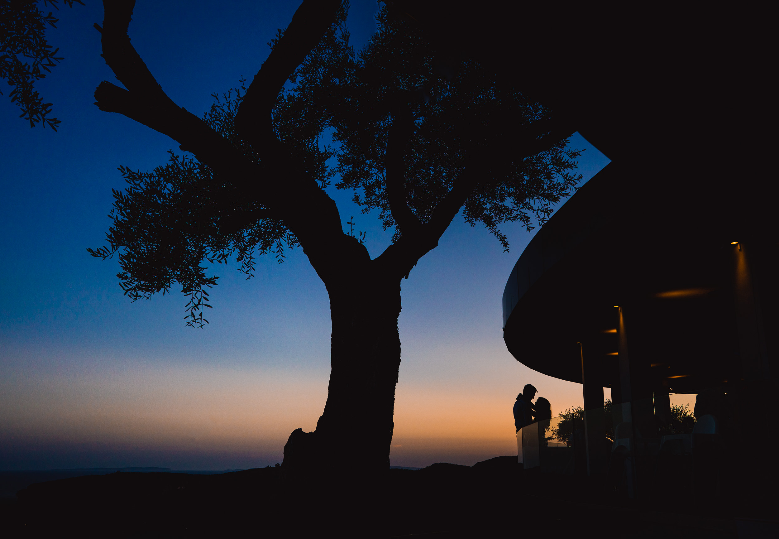 A wedding photographer captures a silhouette of a bride and groom standing under a tree at sunset for their wedding photo.