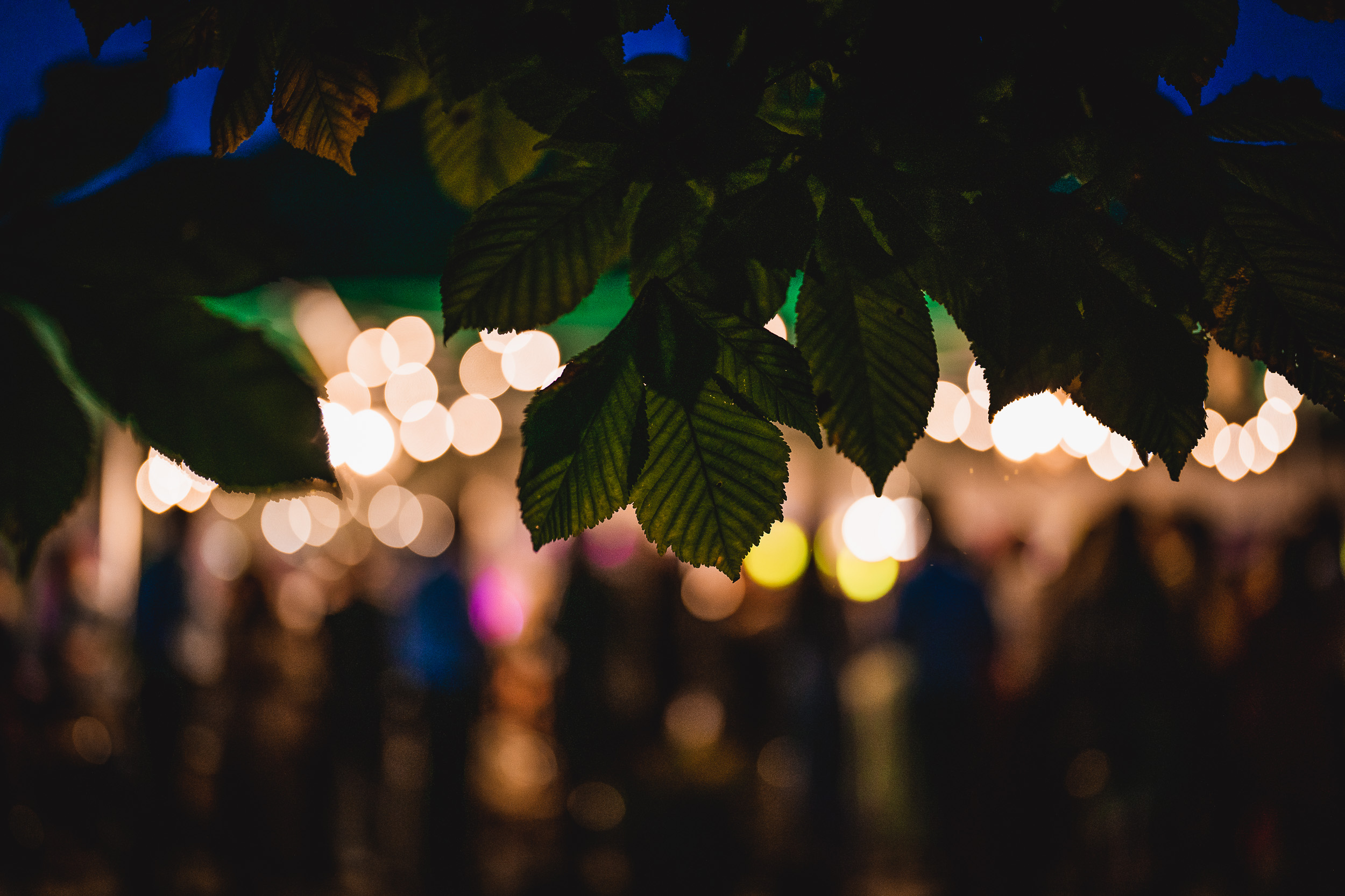 A blurry image of a group of people at night, possibly taken at Ridge Farm or a Surrey Wedding.