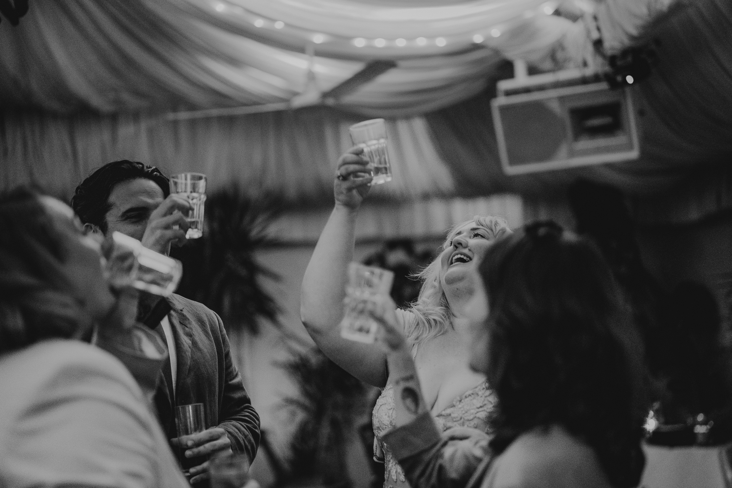 A group of people toasting at a Surrey wedding reception at Ridge Farm.